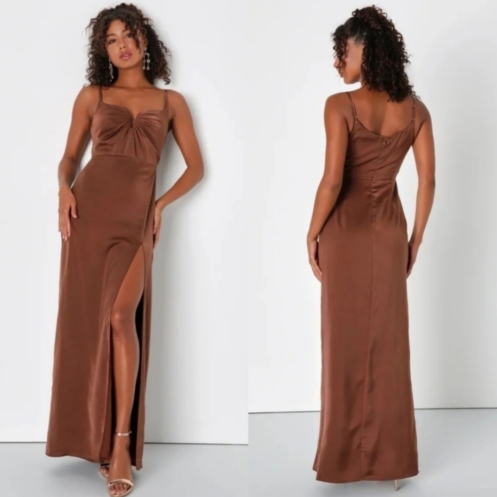 Lulus Lovely Drama Brown Satin Sleeveless A-Line Maxi Dress Wedding Party Prom